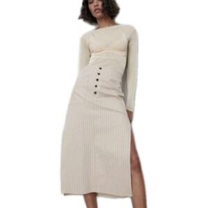 Zara Womens Striped Maxi Skirt Beige Size L Stretchy Buttons Side Slits